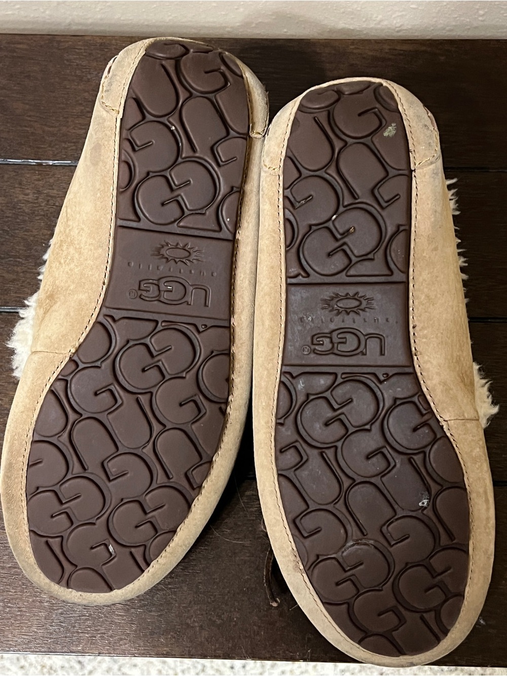 UGG Chestnut/Tan Suede Moccasin Slippers with Cream Shearling - Picture 6 of 7